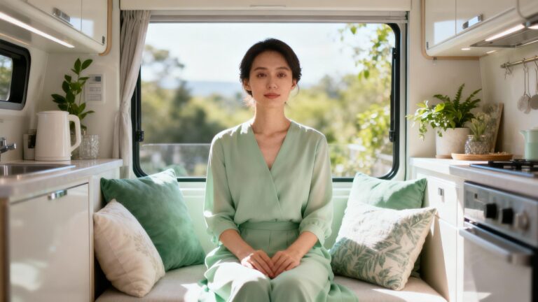 Mulher sentada em ambiente aconchegante.