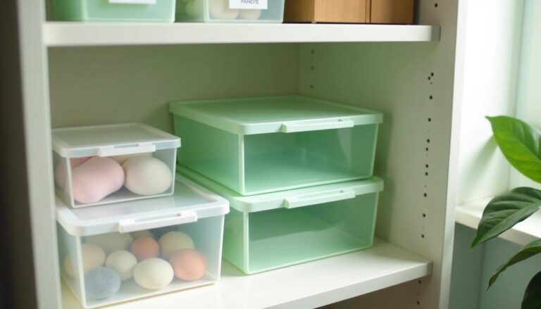 Caixas organizadoras em prateleira branca.