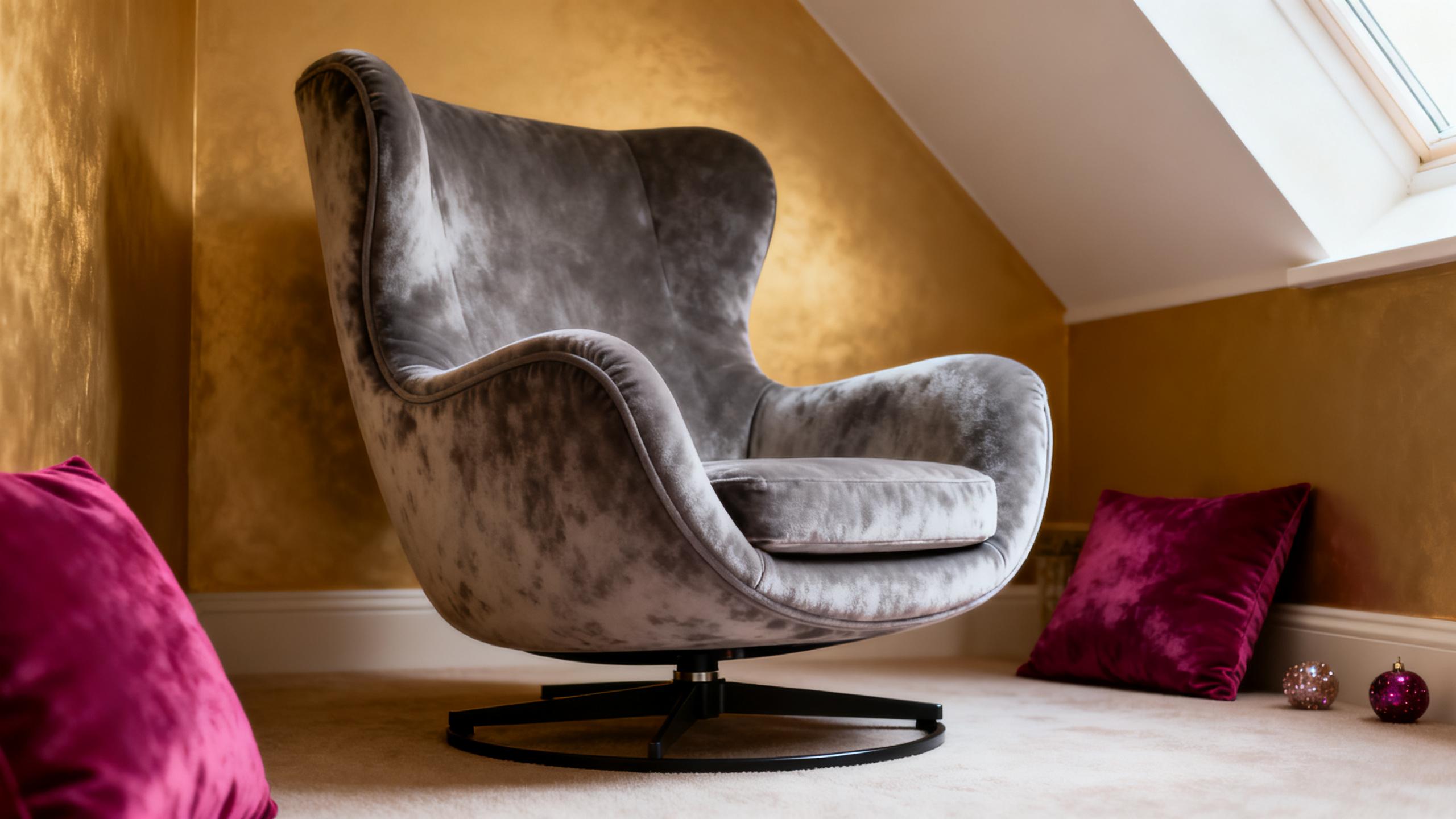 Poltrona Giratória de Veludo Cinza para Canto de Leitura no Sotão