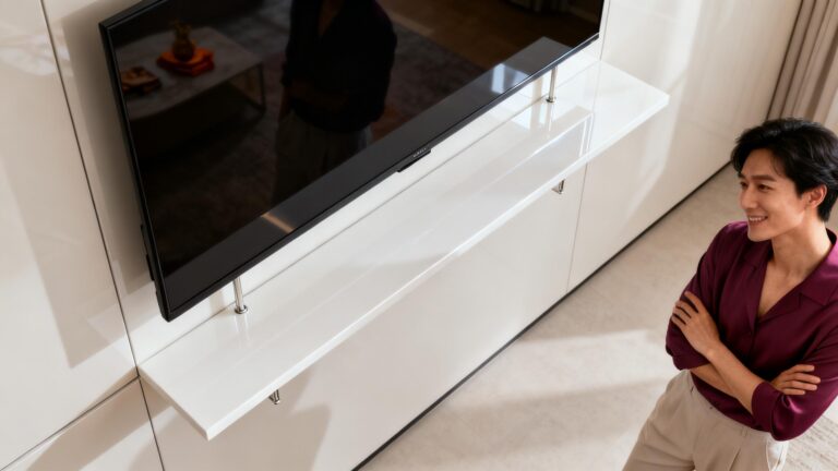 Rack Suspenso de Laca Branca para Painel de TV Residencial