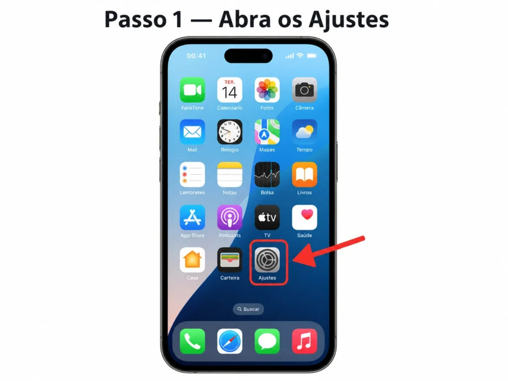 Tela inicial do iPhone com o aplicativo Ajustes destacado