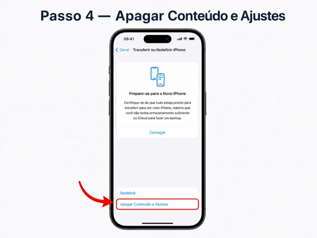 Tela do iPhone com a opção Apagar Conteúdo e Ajustes destacada