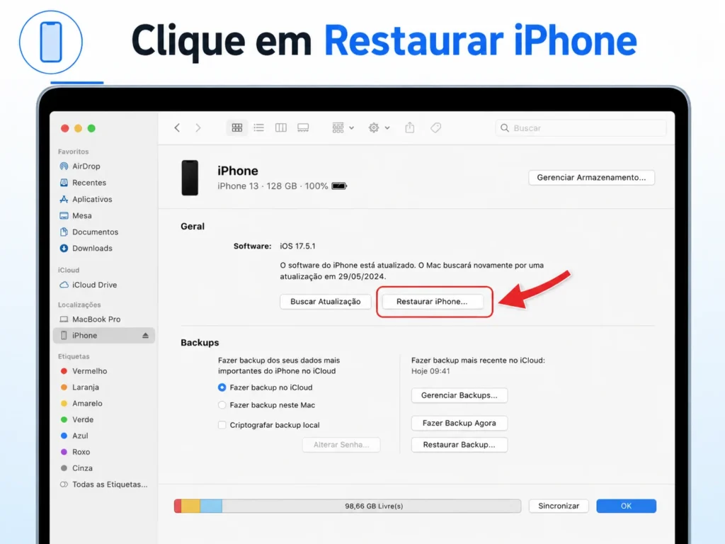 Tela do Finder ou iTunes com o botão Restaurar iPhone destacado