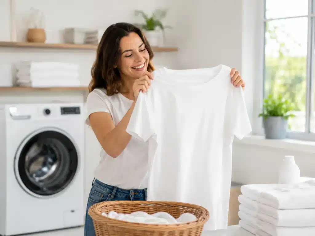 Mulher segurando roupa branca limpa após lavagem