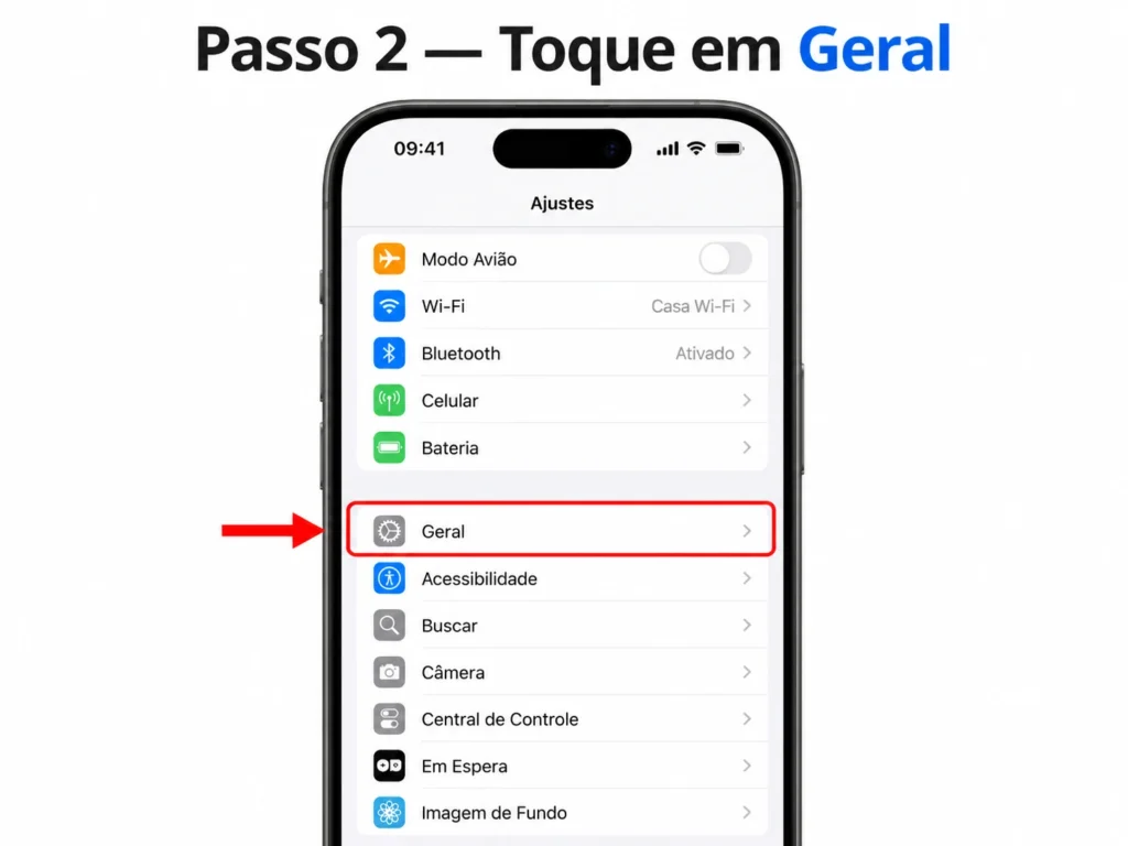 Tela de Ajustes do iPhone com a opção Geral destacada