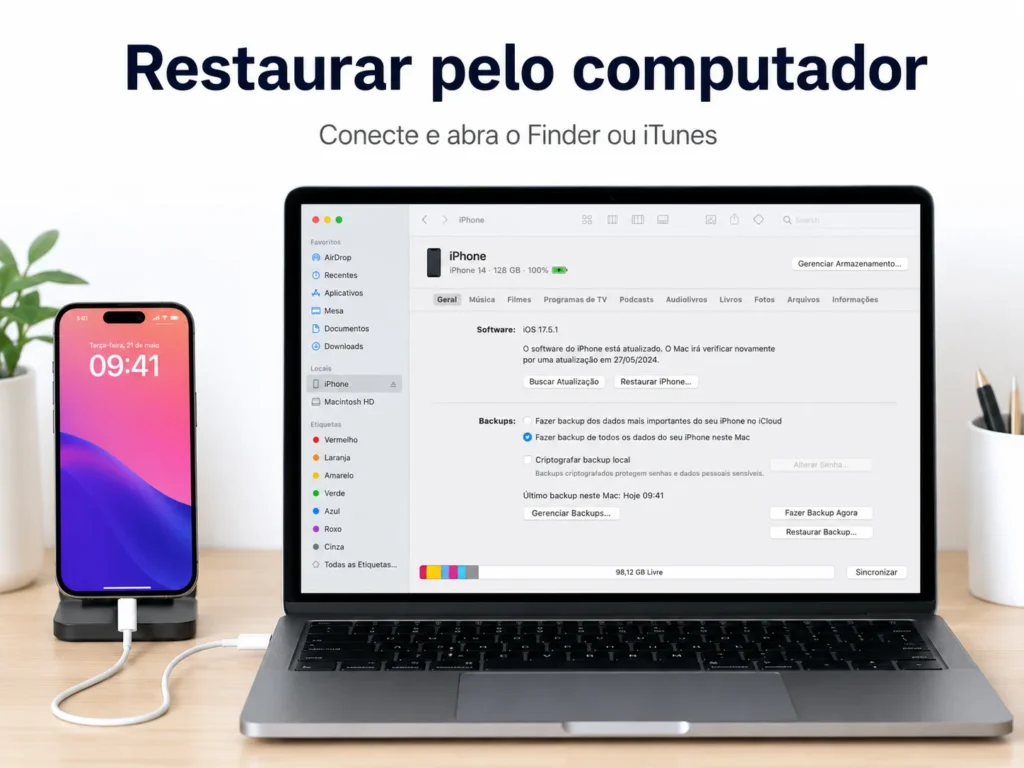 iPhone conectado ao computador para restauração pelo Finder ou iTunes