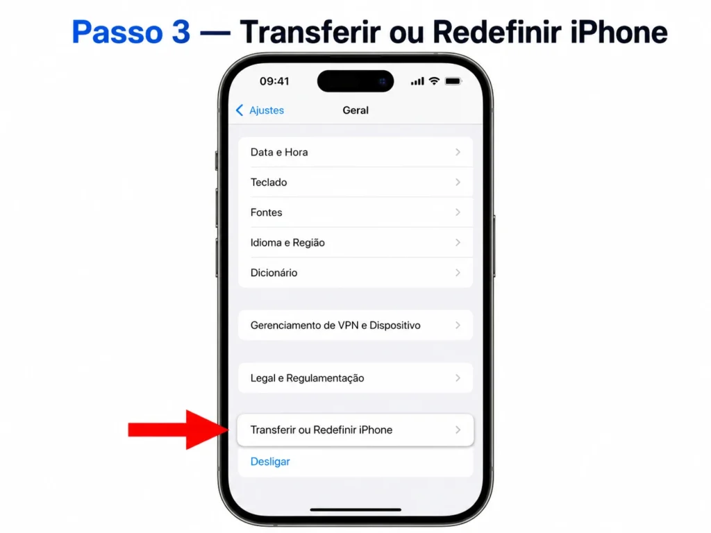 Tela Geral do iPhone com a opção Transferir ou Redefinir iPhone destacada