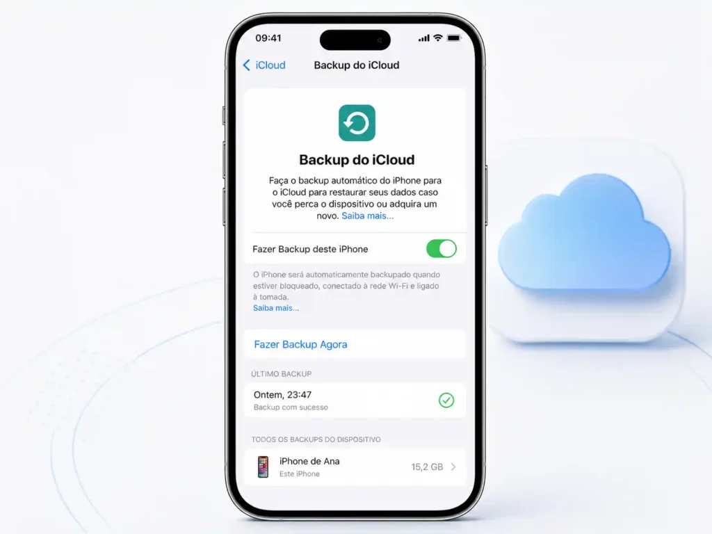 Tela do iPhone mostrando como fazer backup no iCloud