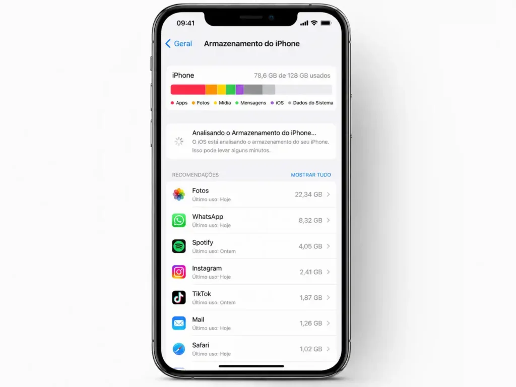 Tela mostrando como liberar espaço no iPhone pelo armazenamento