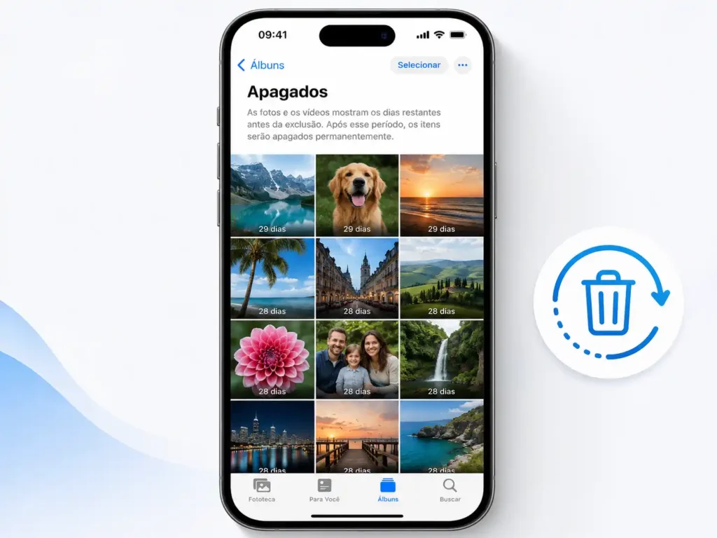 Tela mostrando como recuperar fotos apagadas no iPhone pelo álbum Apagados